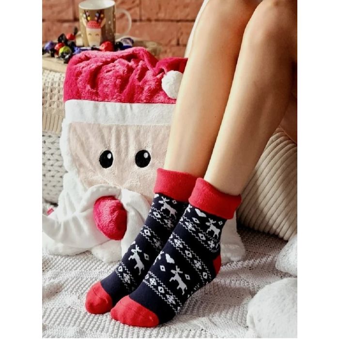 Skarpetki grube frote renifery granatowe z czerwonym