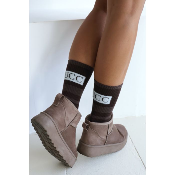 Wysokie skarpetki w paski ze znaczkiem czekoladowy brąz