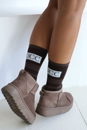 Wysokie skarpetki w paski ze znaczkiem czekoladowy brąz